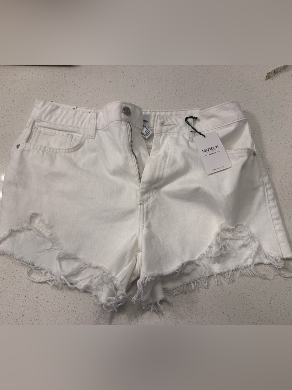 Forever 21 White Frayed Hem Denim Ankle Shorts